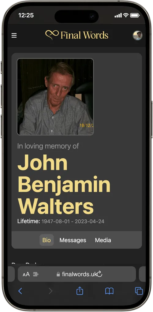 A Final Words tribute page open on a phone